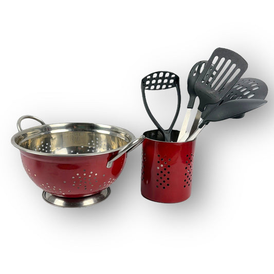 Red Kitchen Colander + Tools