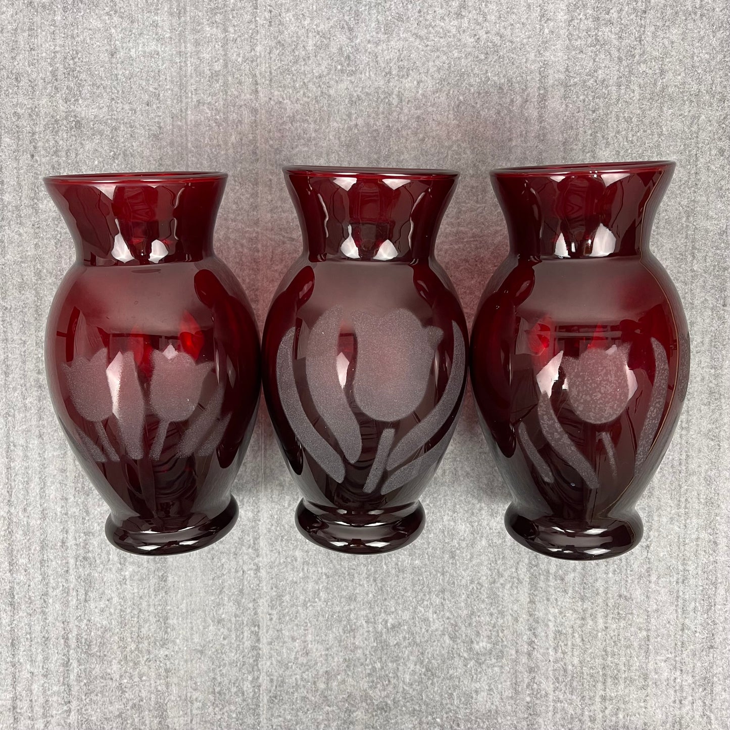Ruby Red vase etched tulip