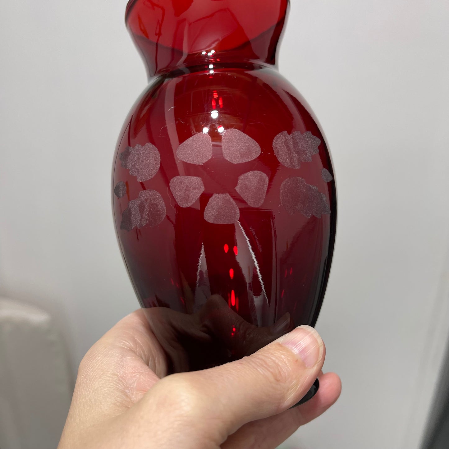 Ruby Red vase etched flowers