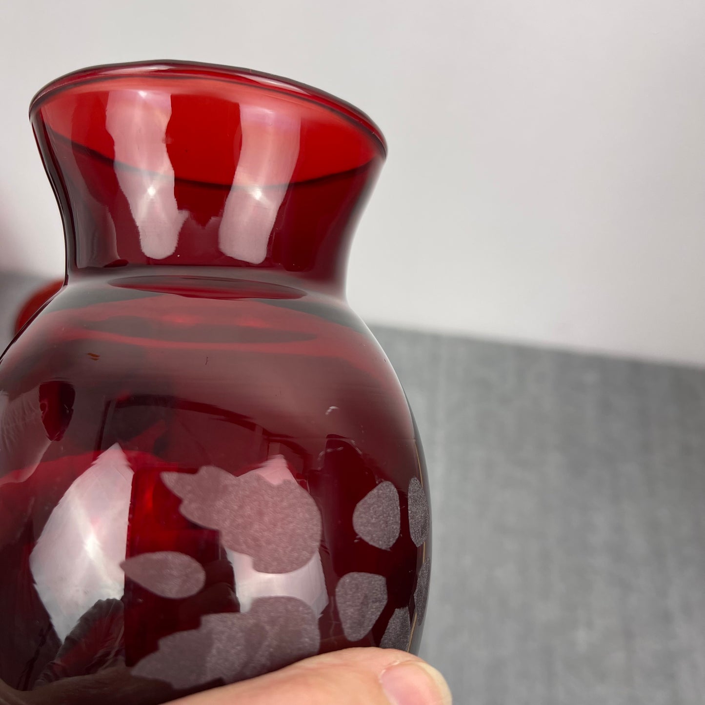 Ruby Red vase etched flowers