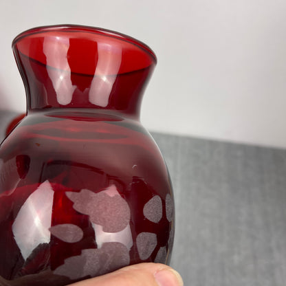 Ruby Red vase etched flowers