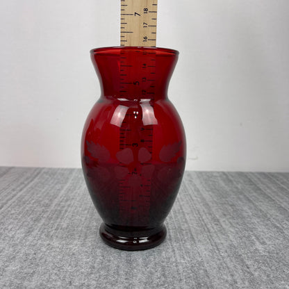 Ruby Red vase etched flowers